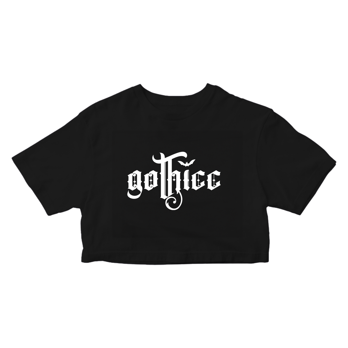 Black cropped t-shirt with the word "Gothicc" written on it in a white, stylized, blackletter style font.